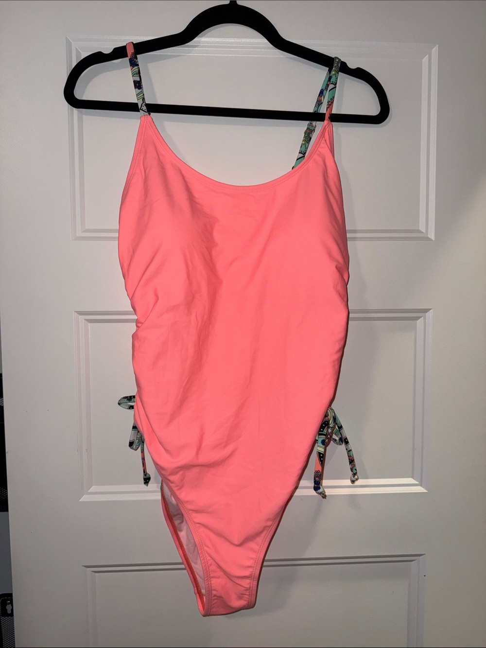 Solid Coral One-Piece Swimsuit with Patterned Adjustable Straps